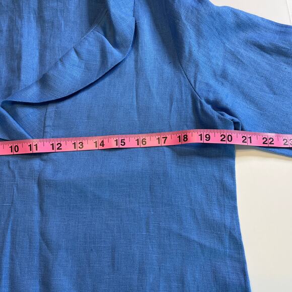Christopher Calvin Blue Linen Ruffle V Neck 3/4 Sleeve Blouse Pullover Top S - Picture 7 of 8